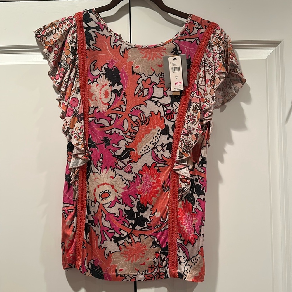 NWT Anthropologie Colorful Top with Flutter Sleeves